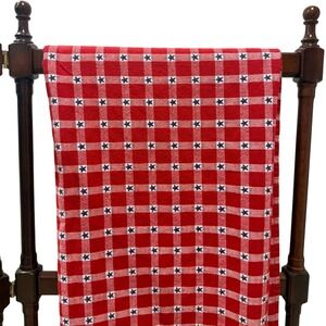 Vintage Red White Blue Cotton Tablecloth Woven Star Plaid Americana 47" x 62"